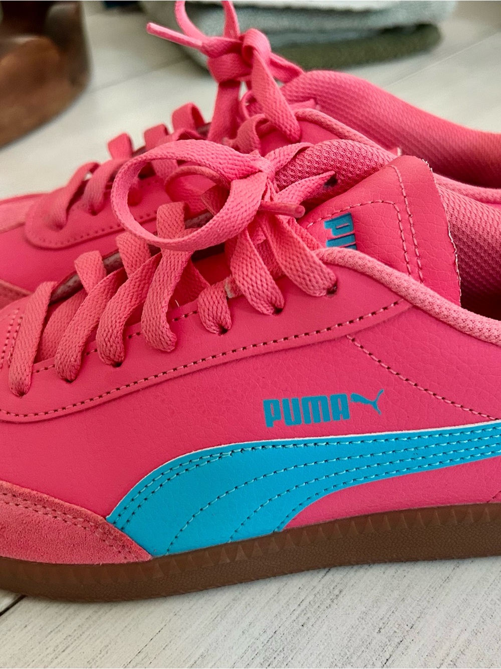 Puma Pink Sneakers with Bright Blue stripe gum sole size 8